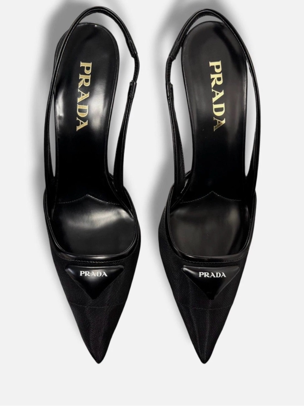 Prada Black Pointed Slingback Pumps with Logo Plaque